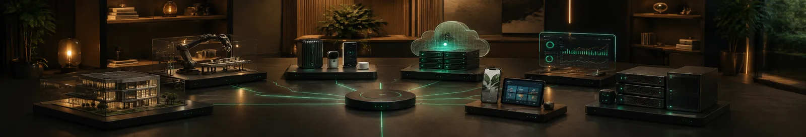 Glowing platform models of software platforms arranged across a dark studio table