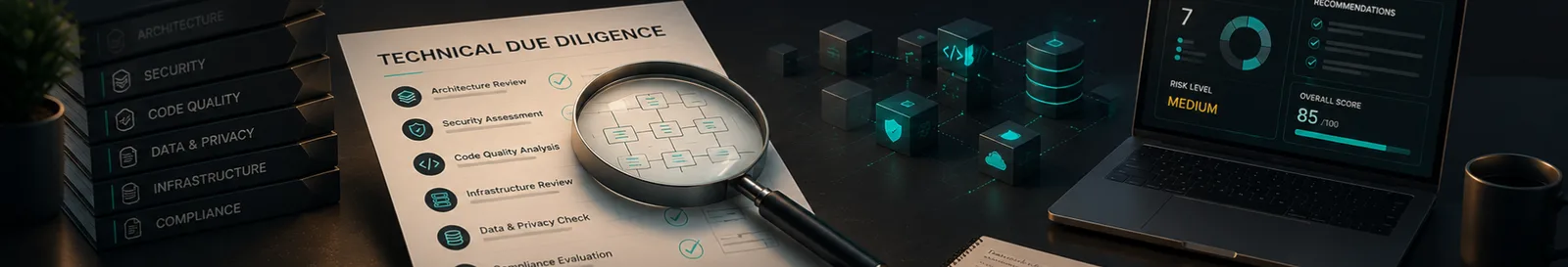 Magnifying glass over a technical due diligence checklist beside code and metric panels