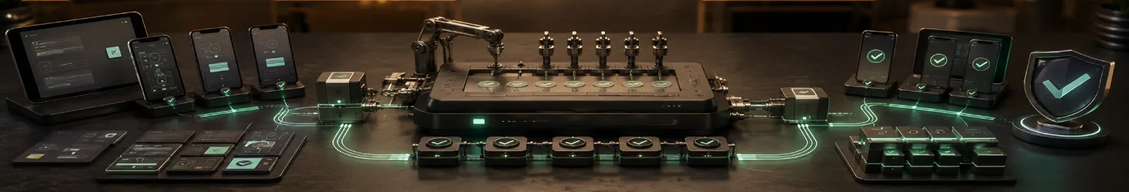 Robotic arm running a row of devices with passing checks from automation testing services