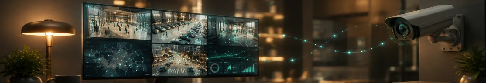 Security camera feeding a multi-view wall with detection overlays in video analytics software