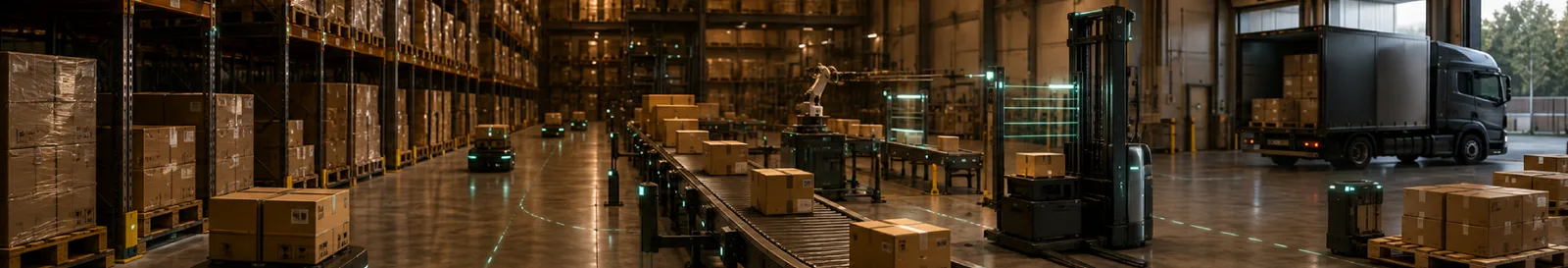 Warehouse aisle with racking, a forklift and a docked truck under warehouse management system development