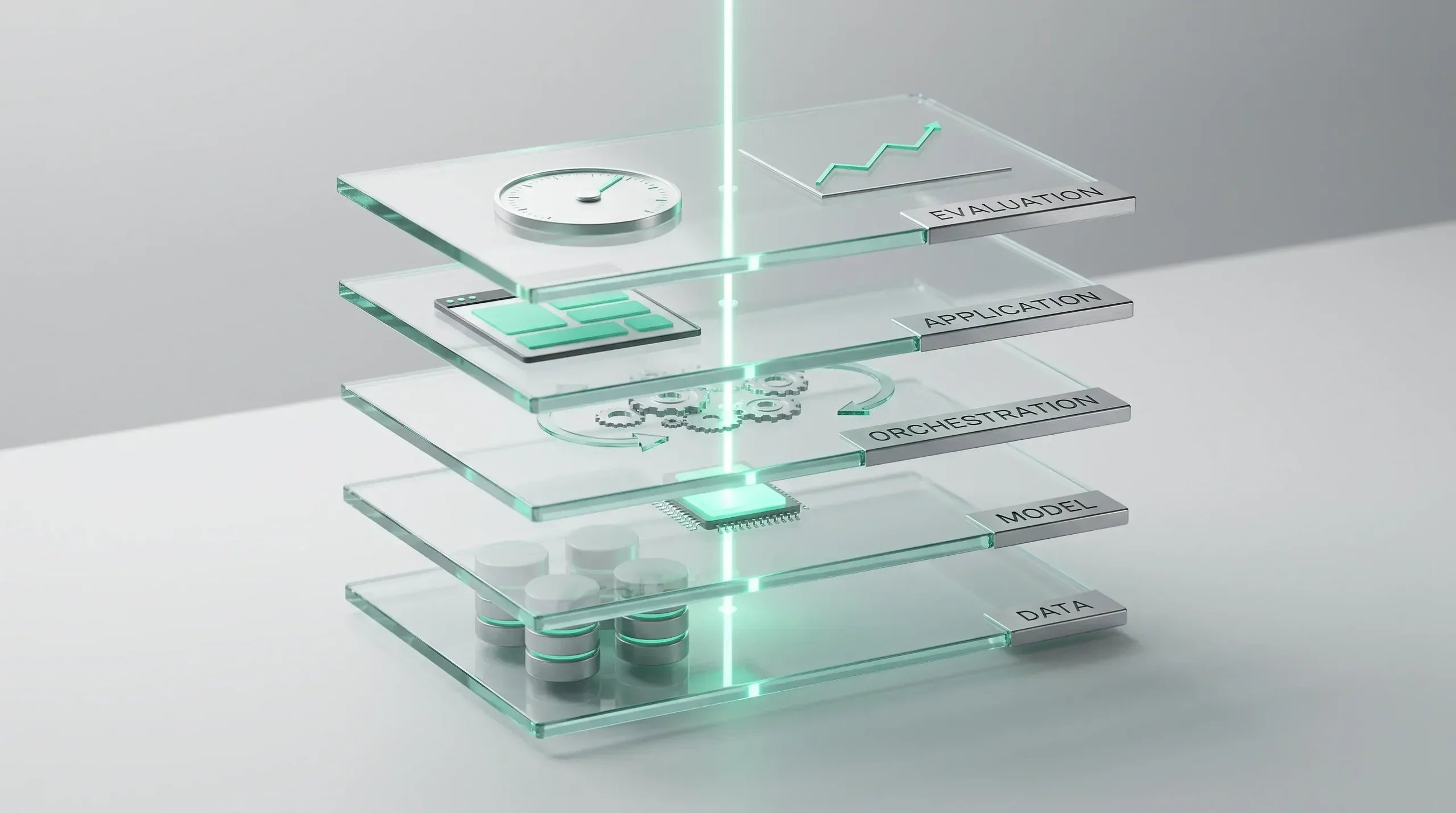 Five layer AI product architecture from data and model to orchestration, application and evaluation