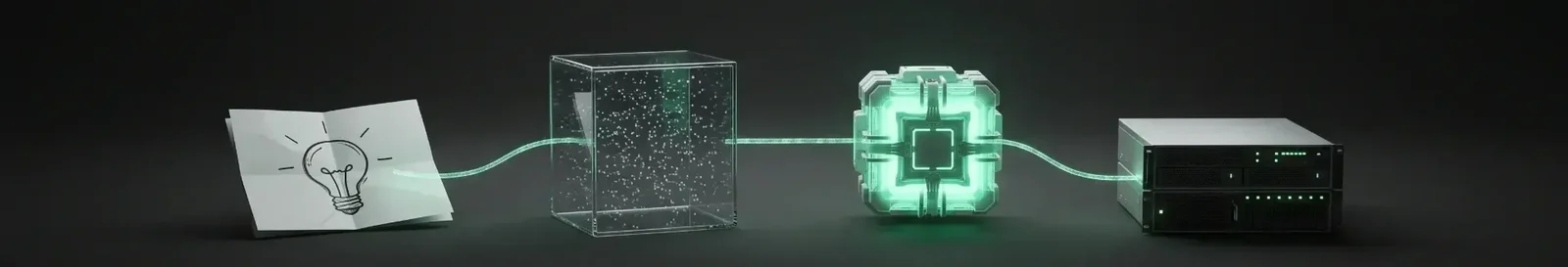 Paper sketch, data cube, AI core and server rack joined by a mint data stream, showing how to build an AI product