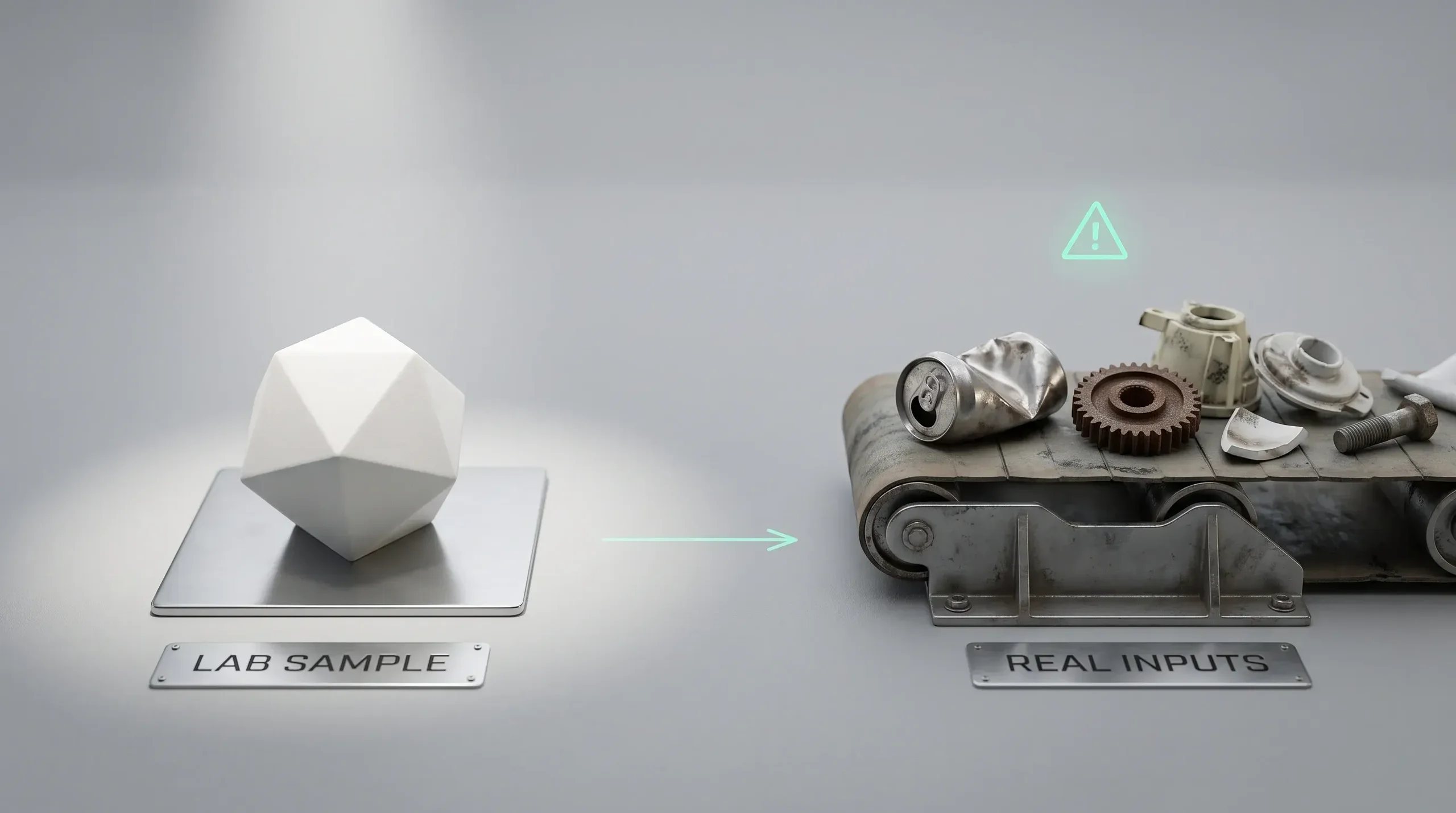 Clean test sample next to messy real inputs, showing why an AI prototype fails in production