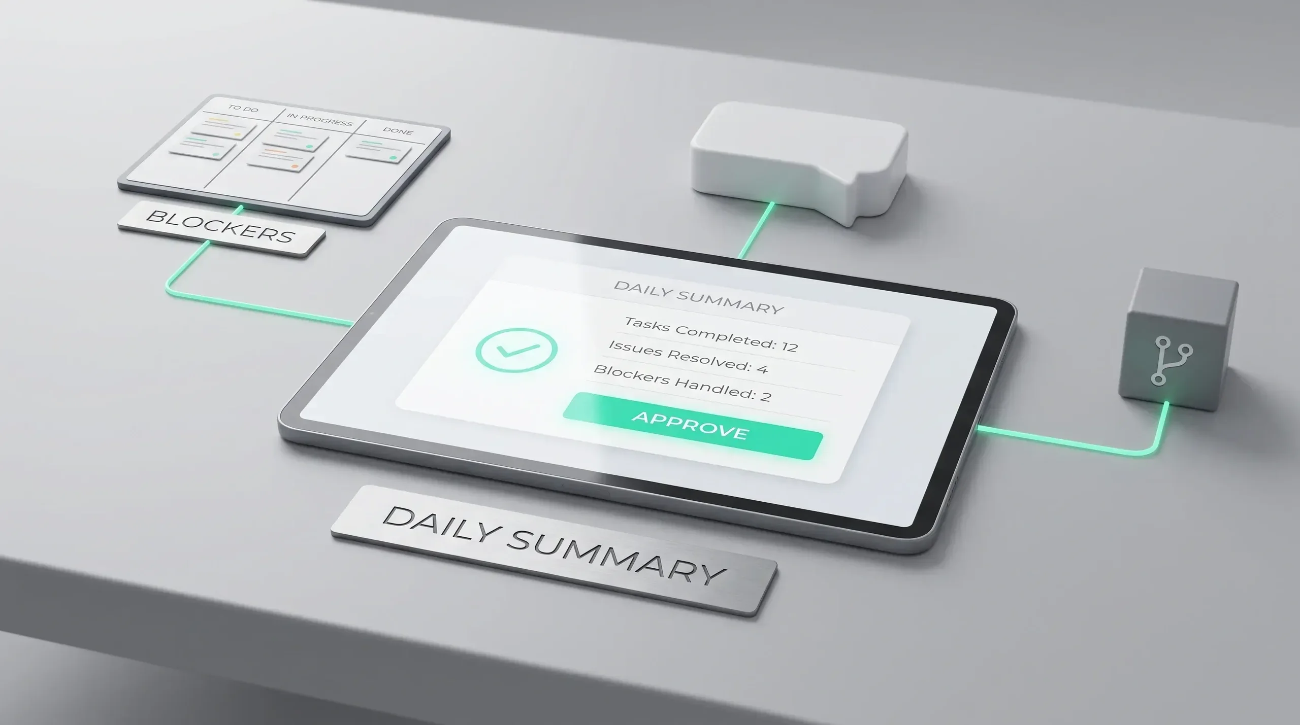 AI Scrum Master SaaS product creating a daily summary from tracker, chat and repository data