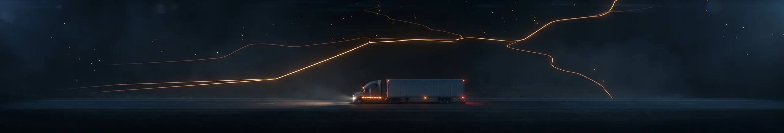 A semi truck with a box trailer on a highway at night under glowing route lines
