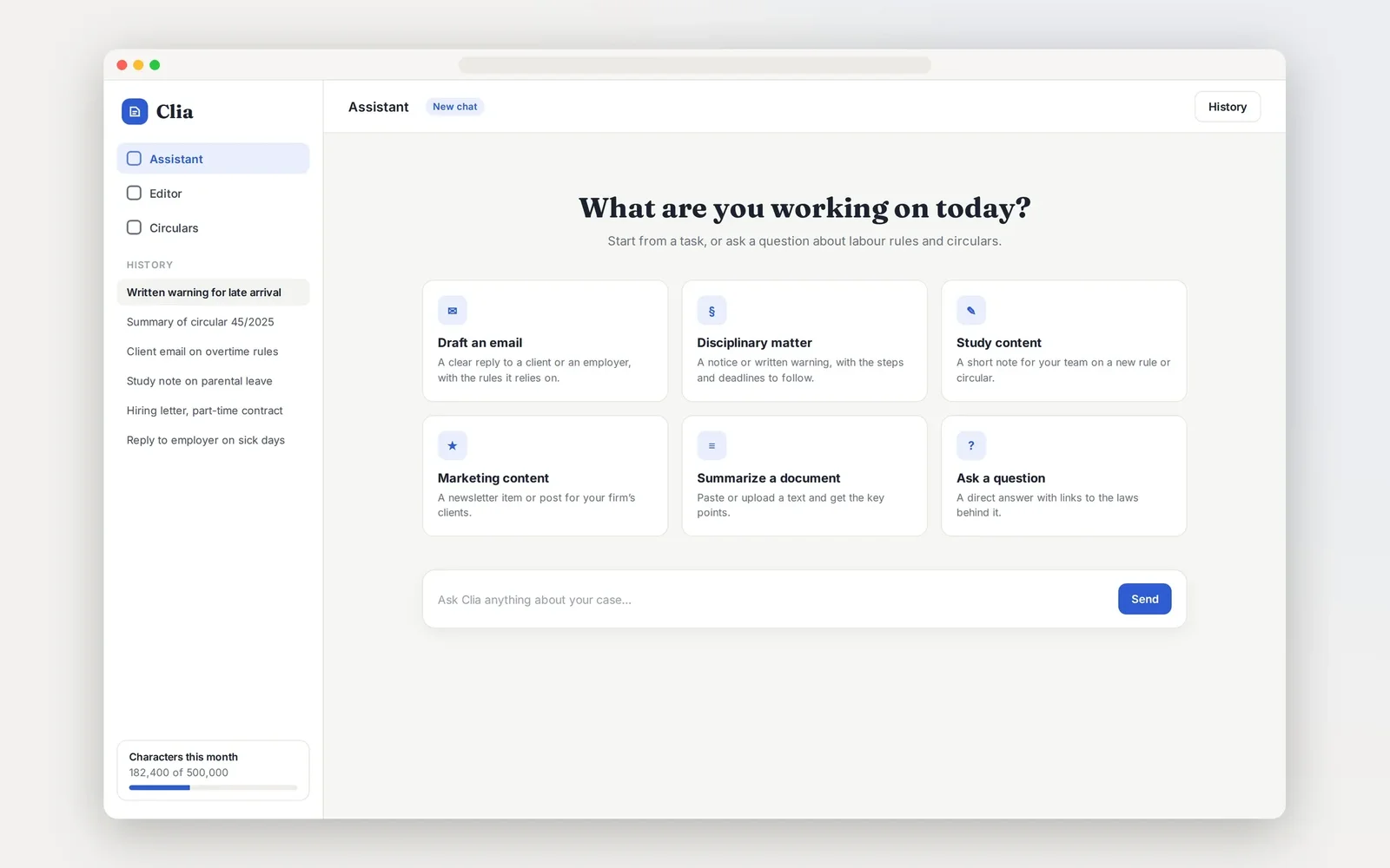 Recreated Clia assistant screen: quick starts for an email, a disciplinary matter, study or marketing content and a summary, with request history and monthly character usage