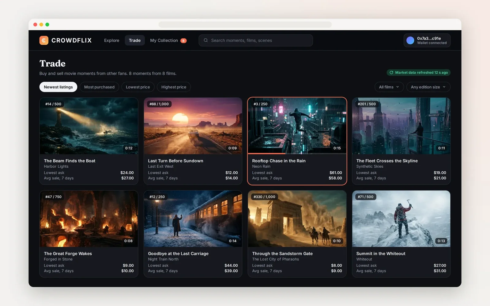 Recreated Crowdflix marketplace screen: movie moment cards with edition numbers, lowest ask and average sale price, sorted by newest listings