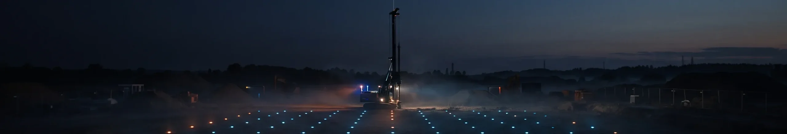 A foundation drilling rig at dusk with a grid of glowing dots on the ground marking pile positions