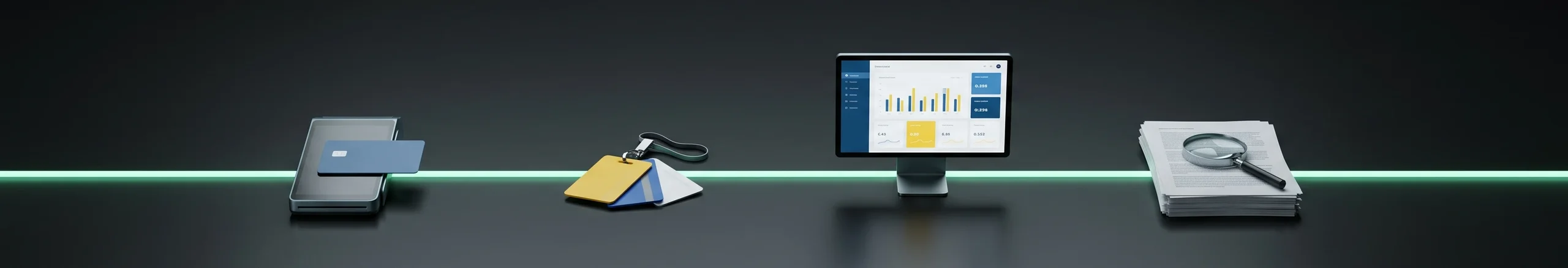 Card payment terminal with a bank card, access key cards on a lanyard, a monitor with blue and yellow charts and documents under a magnifying glass on a dark desk joined by a mint line