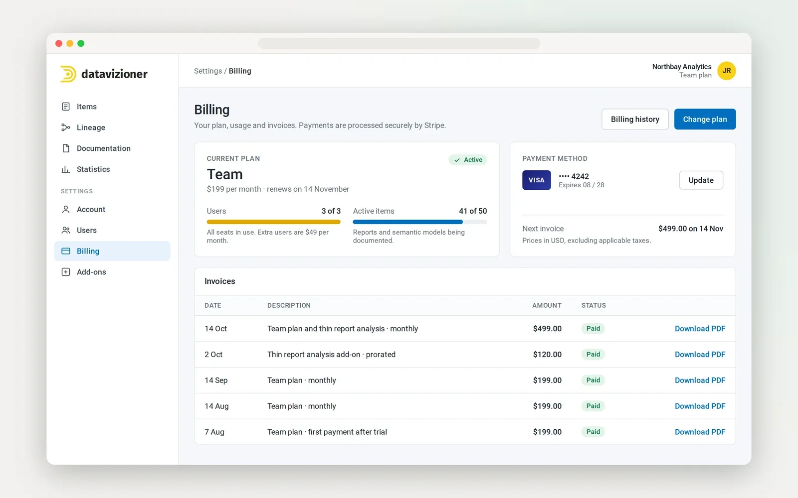 Recreated screen of the Data Vizioner web app: billing with the current Team plan, seat and item usage, a card payment method and invoices