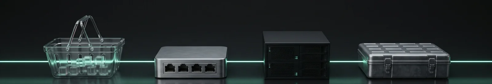 Glass shopping basket, network hub, server rack and sealed ledger case joined by a mint green line