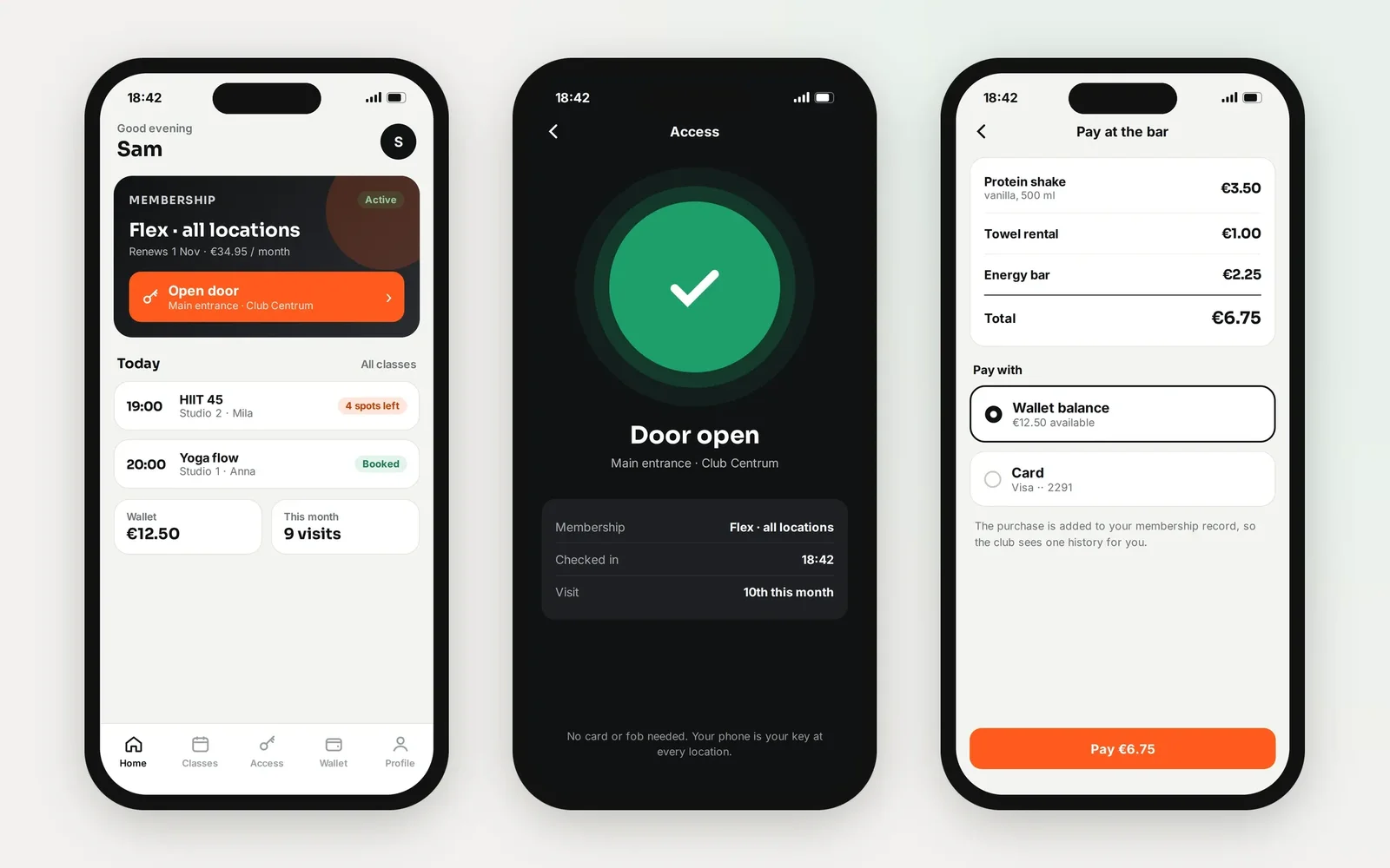 Recreated member app screens: the membership card, the phone opening the club door, and paying at the bar from the app