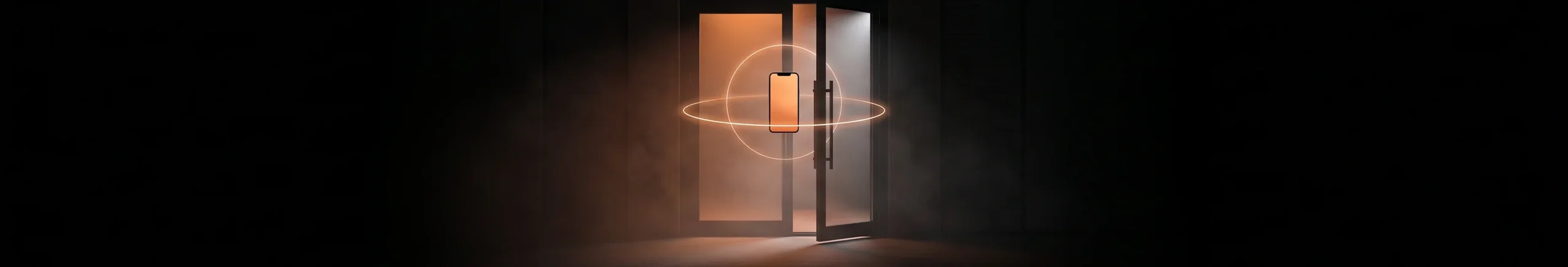 A phone with a glowing ring of light in front of an open glass gym door