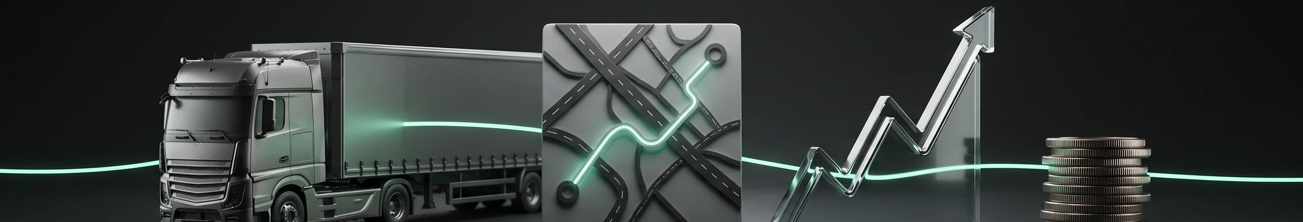 Semi truck on a highway at night with a route line drawn over the road