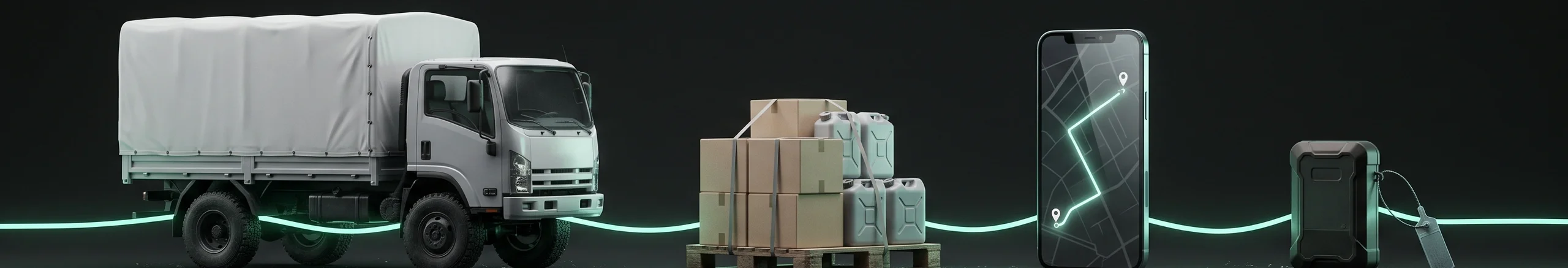 Cargo truck, stacked aid boxes and a phone on a dark floor, joined by a mint tracking line