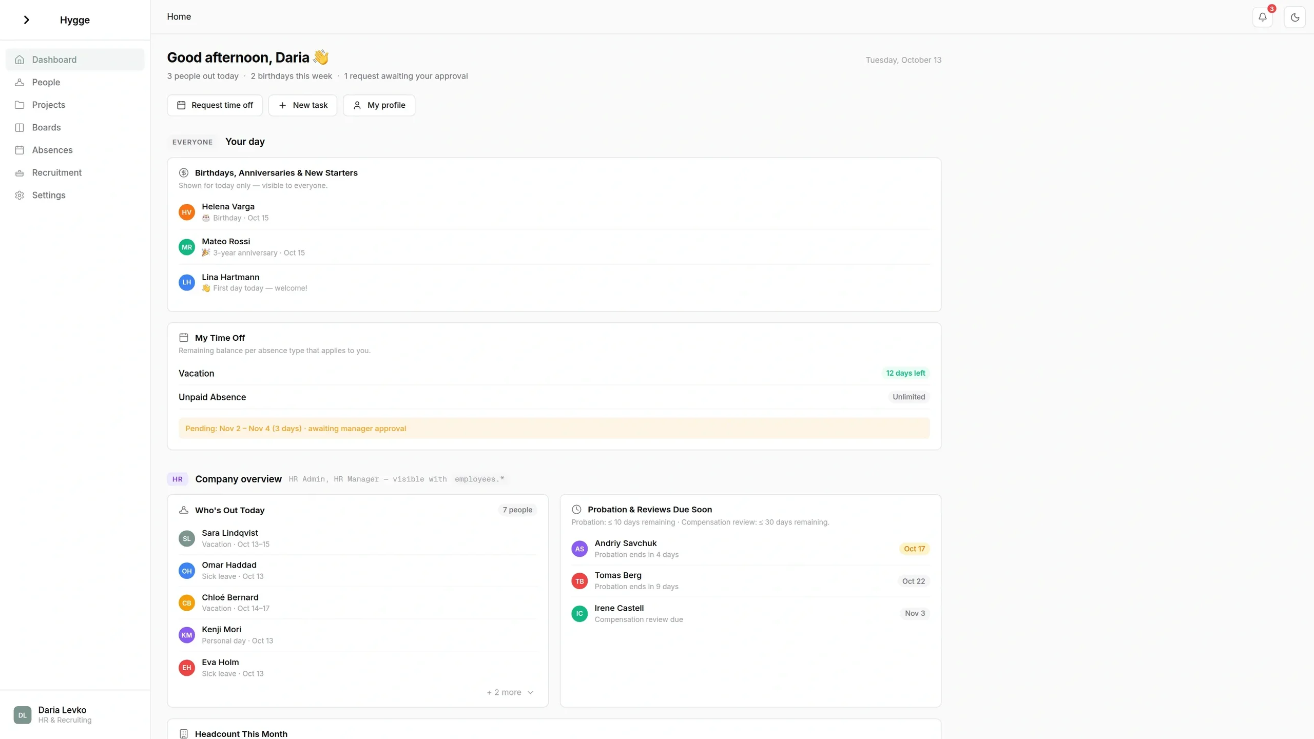 Hygge HR dashboard with birthdays, time off balance, who is out today and probation reviews, shown with demo data
