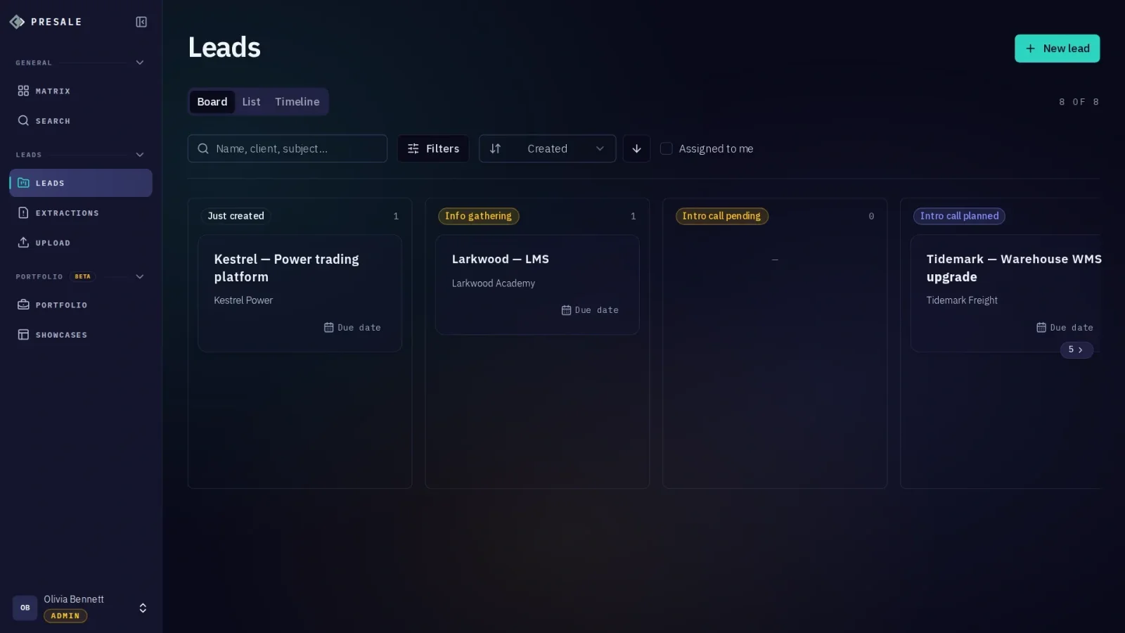 Hygge Presale leads board with opportunities grouped by presale stage, shown with demo data