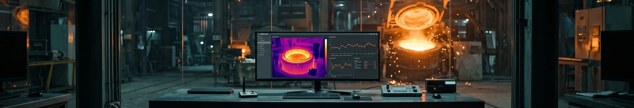 Control room of a melting plant at night with the furnace monitoring dashboard on screen and the furnace glowing behind the glass