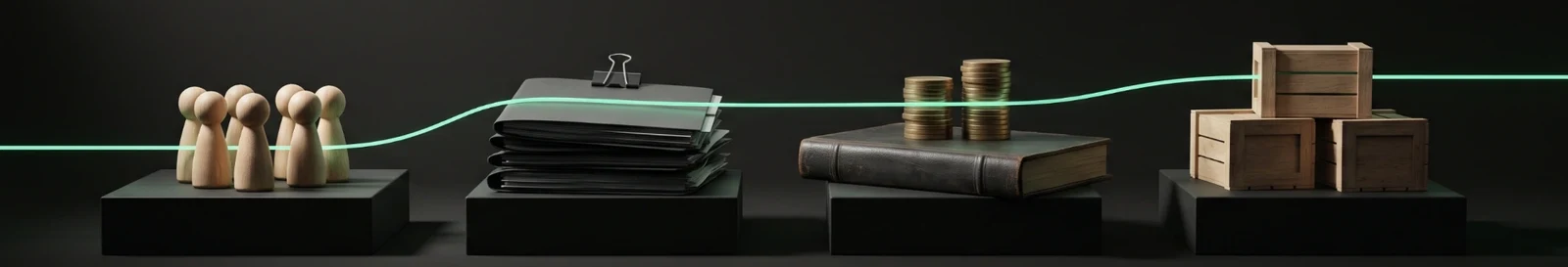 Wooden peg figures, clipped project folders, coins on a ledger and wooden crates joined by one mint line