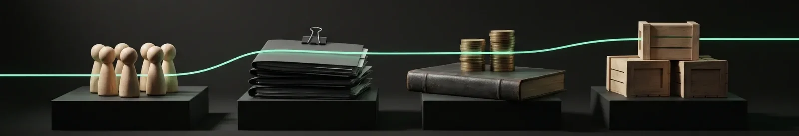 Wooden peg figures, clipped project folders, coins on a ledger and wooden crates joined by one mint line