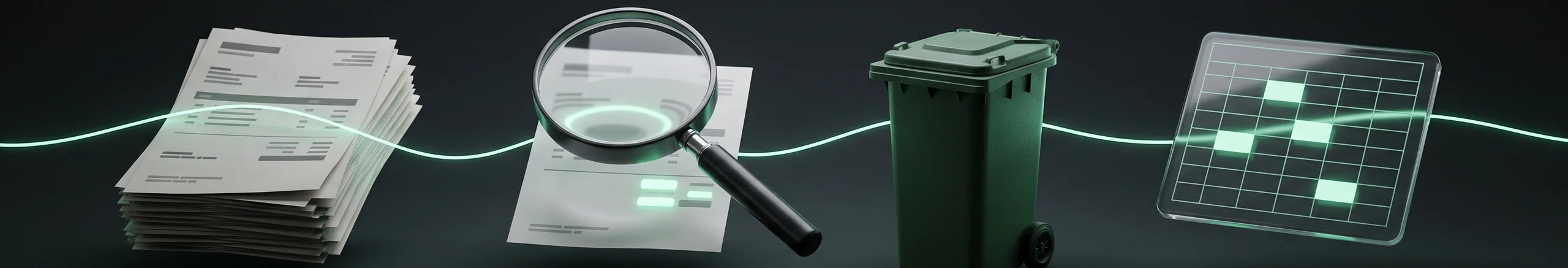 Stack of printed hauler invoices beside a commercial waste container at night, with a mint scanning line