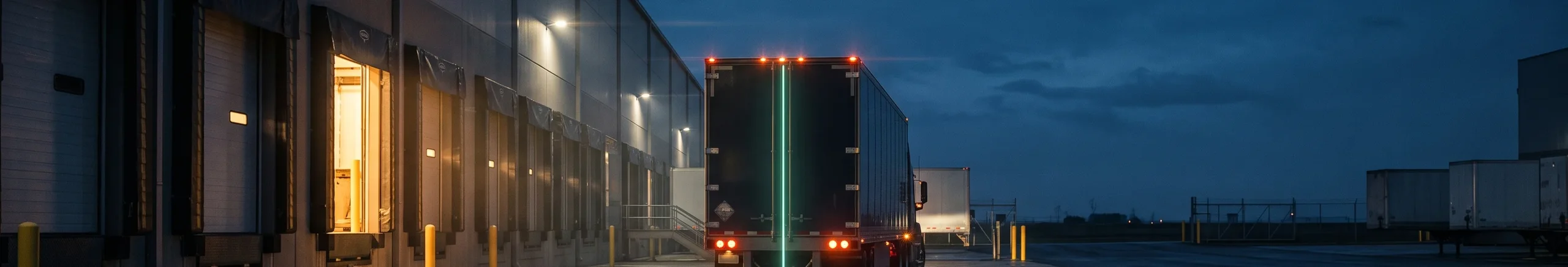 Warehouse loading dock at dusk with a truck reversing to a dock door, joined by a mint data line