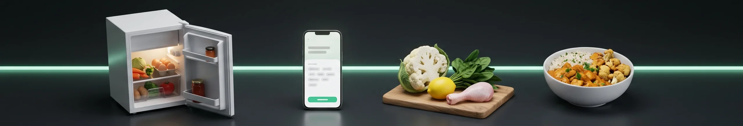 Open mini fridge, phone with a list of ingredients, a cutting board with cauliflower, lemon, spinach and chicken, and a bowl of cooked curry and rice on a dark desk joined by a mint line