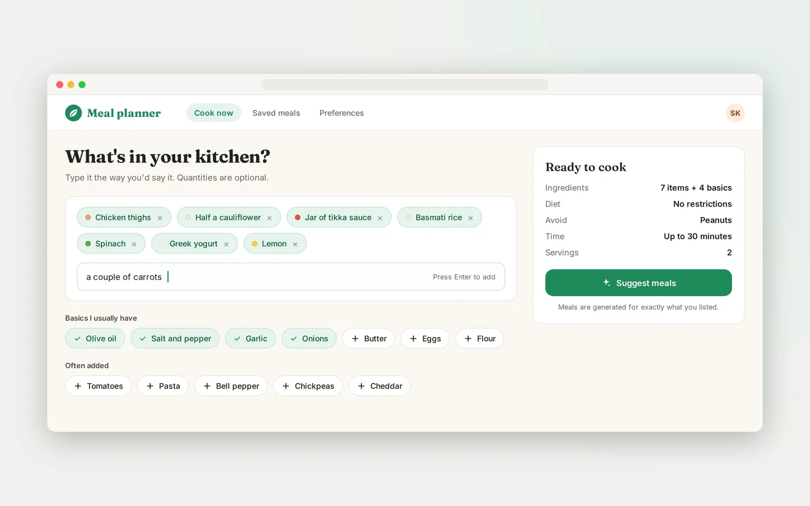 Recreated screen of the AI meal planning platform: the user lists the ingredients at home and the basics they usually keep