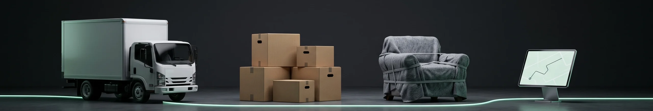 White box truck, stacked moving cartons, an armchair wrapped in a moving blanket and a tablet with a route on a dark studio floor, joined by a mint line