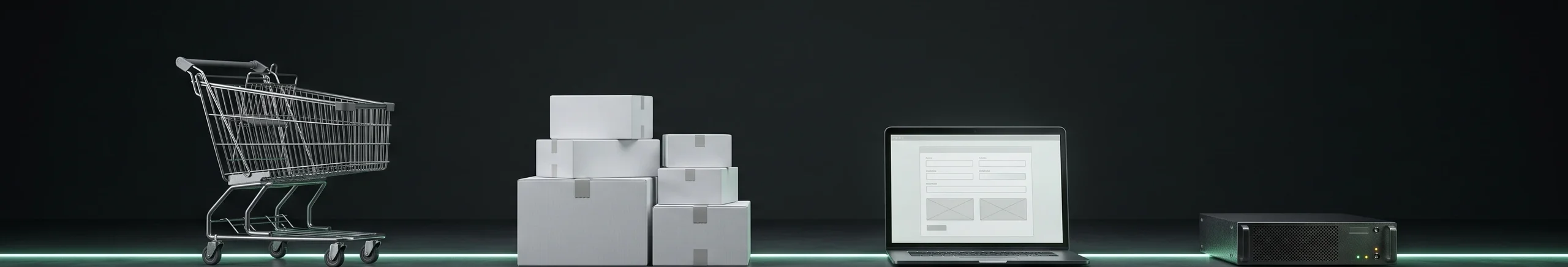 Metal shopping cart, white supplier boxes, a laptop with an order form and a small server on a dark studio floor, joined by a mint line