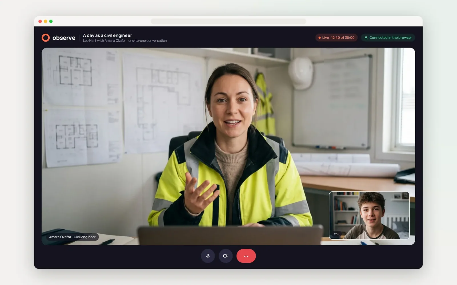 Recreated Observe screen: a one-to-one live video conversation between a learner and a civil engineer in the browser