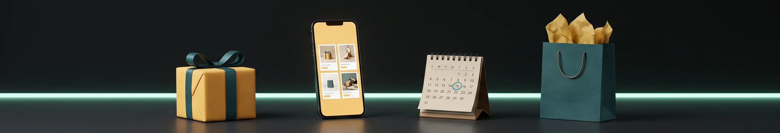Yellow gift box with a teal ribbon, a phone showing gift ideas, a desk calendar with a circled date and a teal shopping bag on a dark desk joined by a mint line