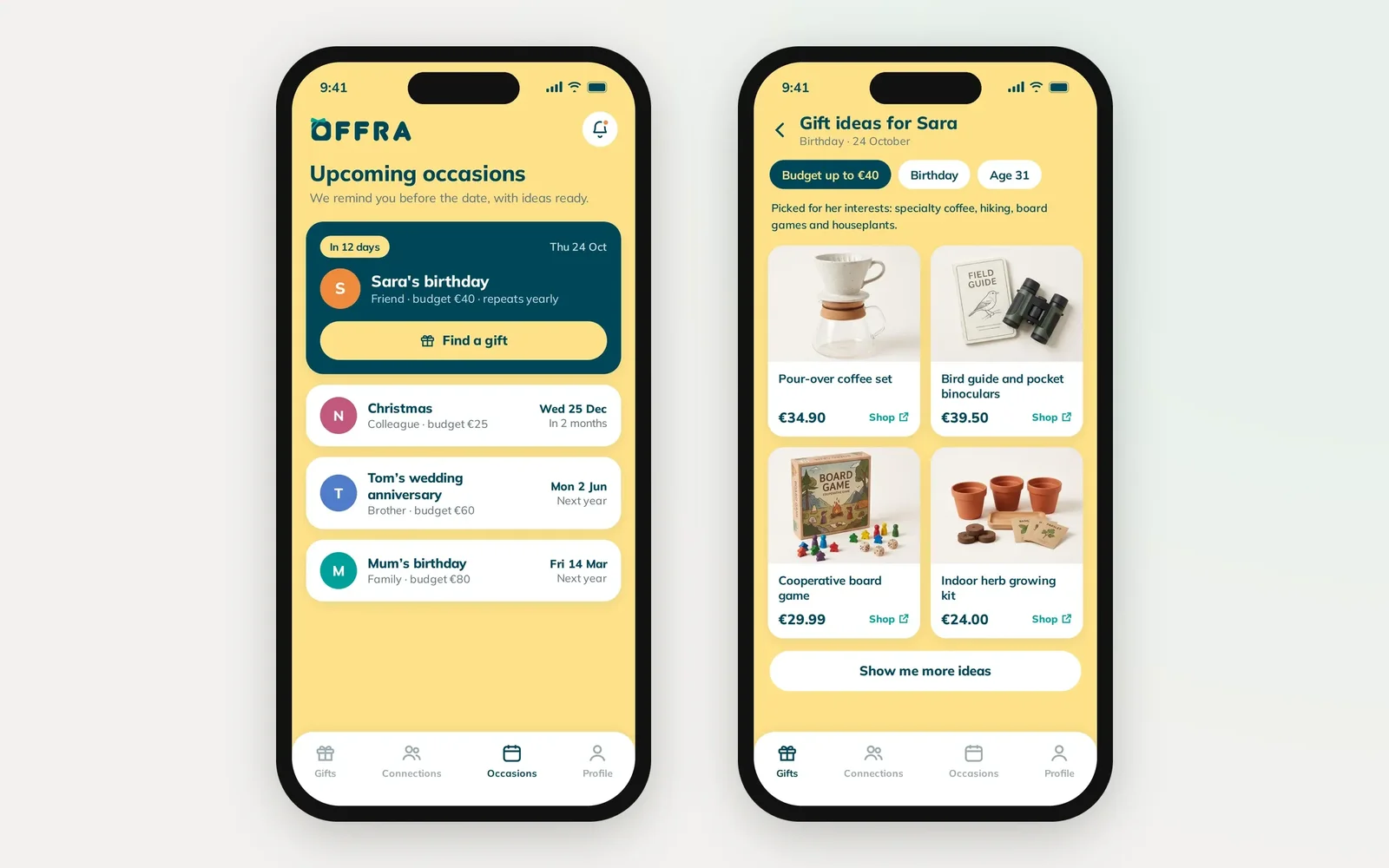 Recreated screens of the Offra app: upcoming occasions with a Find a gift button, and AI gift ideas for a friend within a 40 euro budget