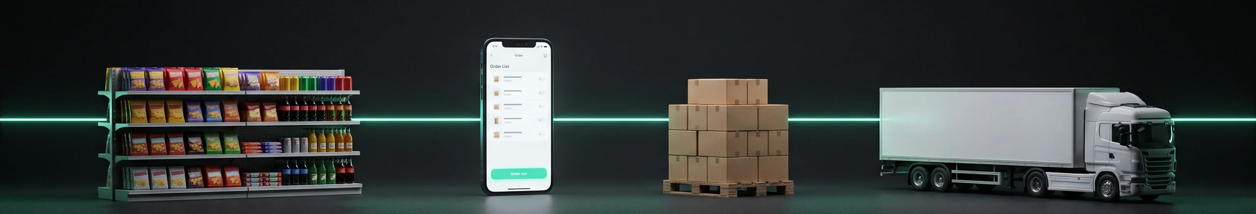 Convenience store shelf, phone with an order list, pallet of cases and a delivery truck on a dark desk joined by a mint line