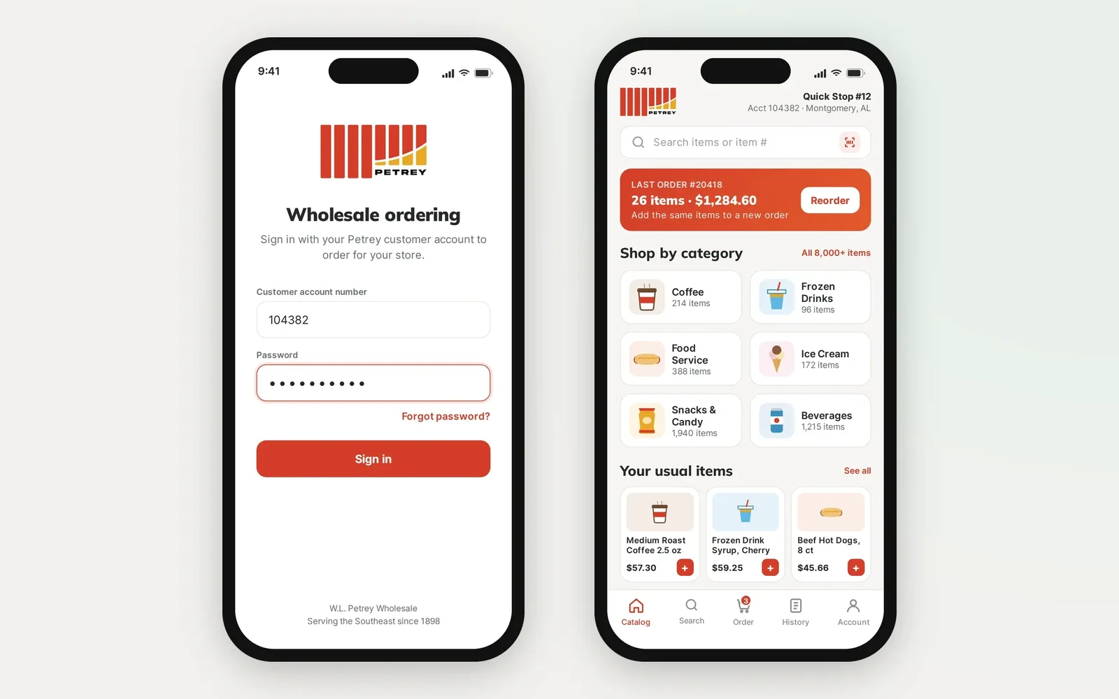 Recreated screens of the Petrey ordering app: sign-in with a customer account number and the catalog home with reorder and categories