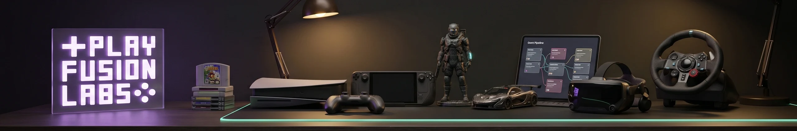 Dark game studio desk with a glowing Play Fusion Labs sign, a console, controllers, a handheld, a VR headset, a racing wheel and a tablet showing a pipeline
