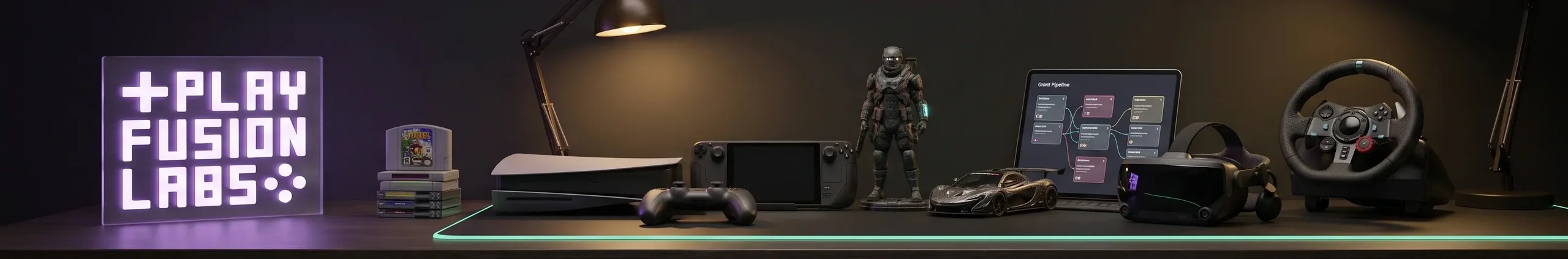 Dark game studio desk with a glowing Play Fusion Labs sign, a console, controllers, a handheld, a VR headset, a racing wheel and a tablet showing a pipeline