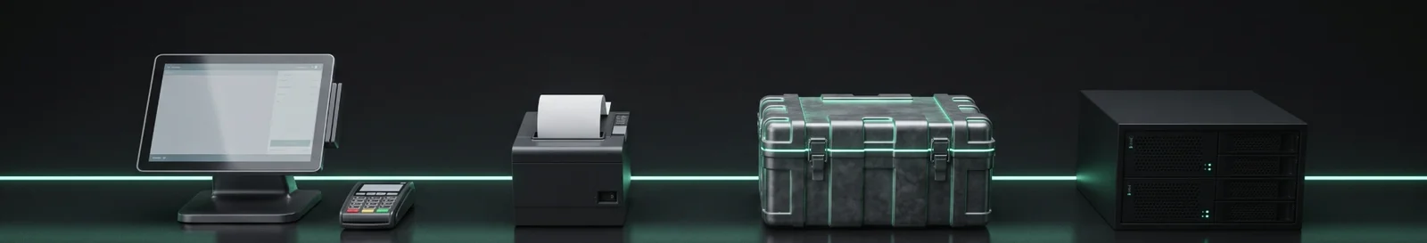 Point of sale terminal, receipt printer, stock case and server rack joined by a mint green line