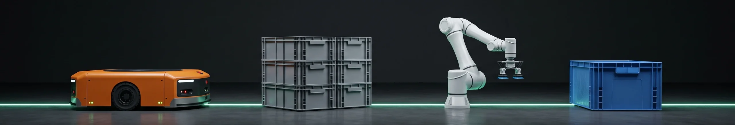 Orange warehouse robot, a grid of storage bins, a robotic picking arm and a blue tote on a dark studio floor, joined by a mint line