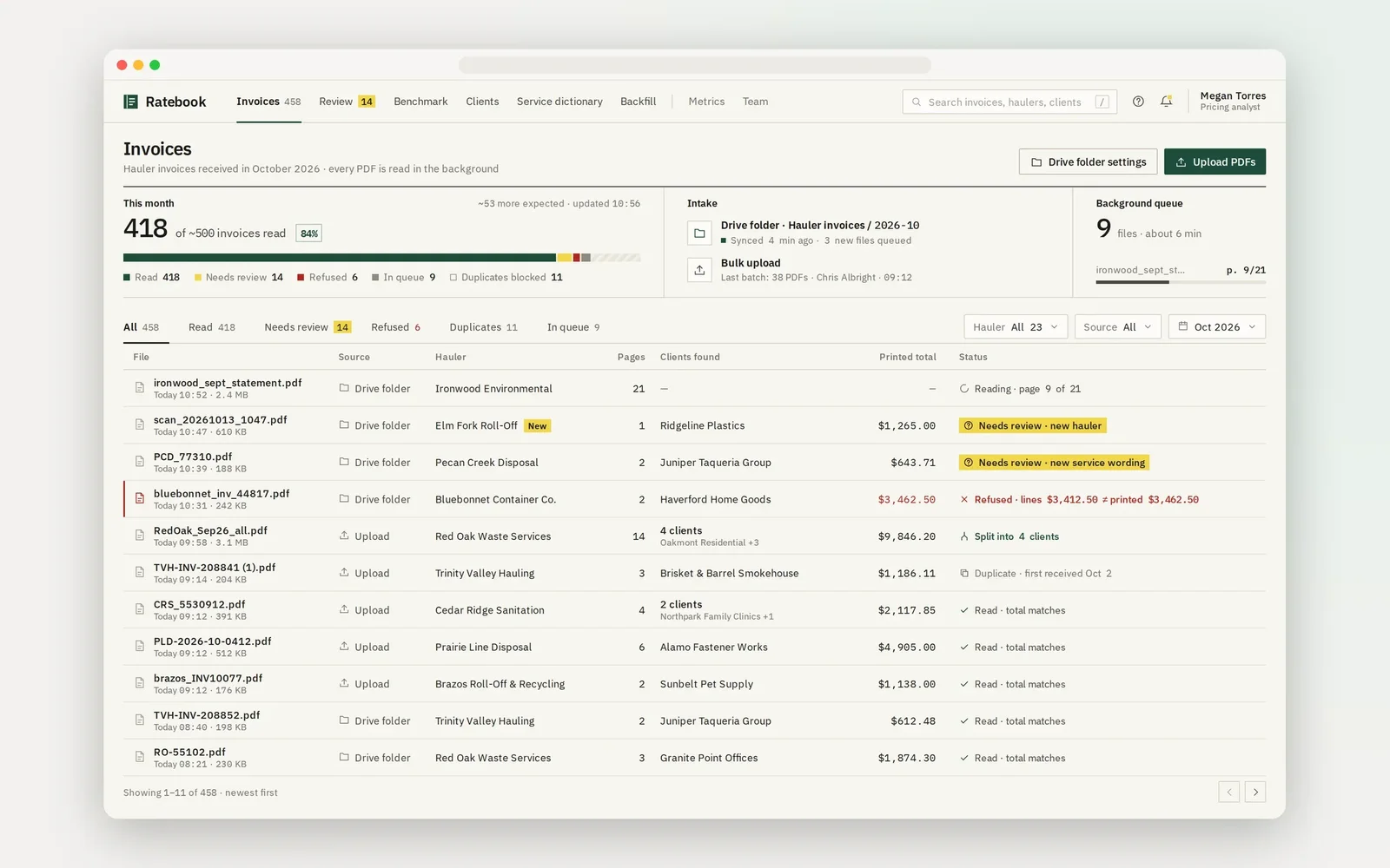 Screen of hauler invoice intake with read, split, refused and duplicate statuses, demo data