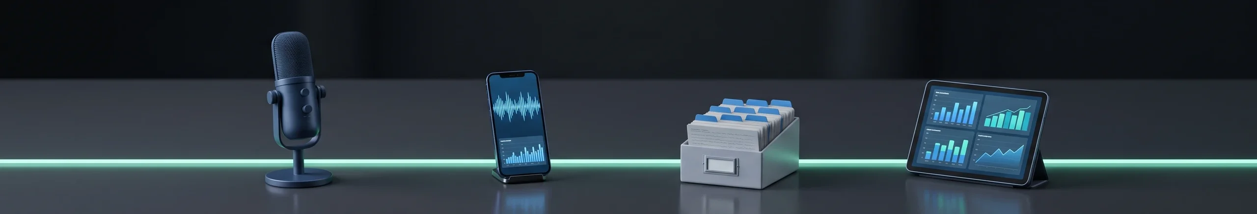 Studio microphone, phone with a sound wave and a bar chart, a card index of CRM records and a tablet with sales charts on a dark desk joined by a mint line