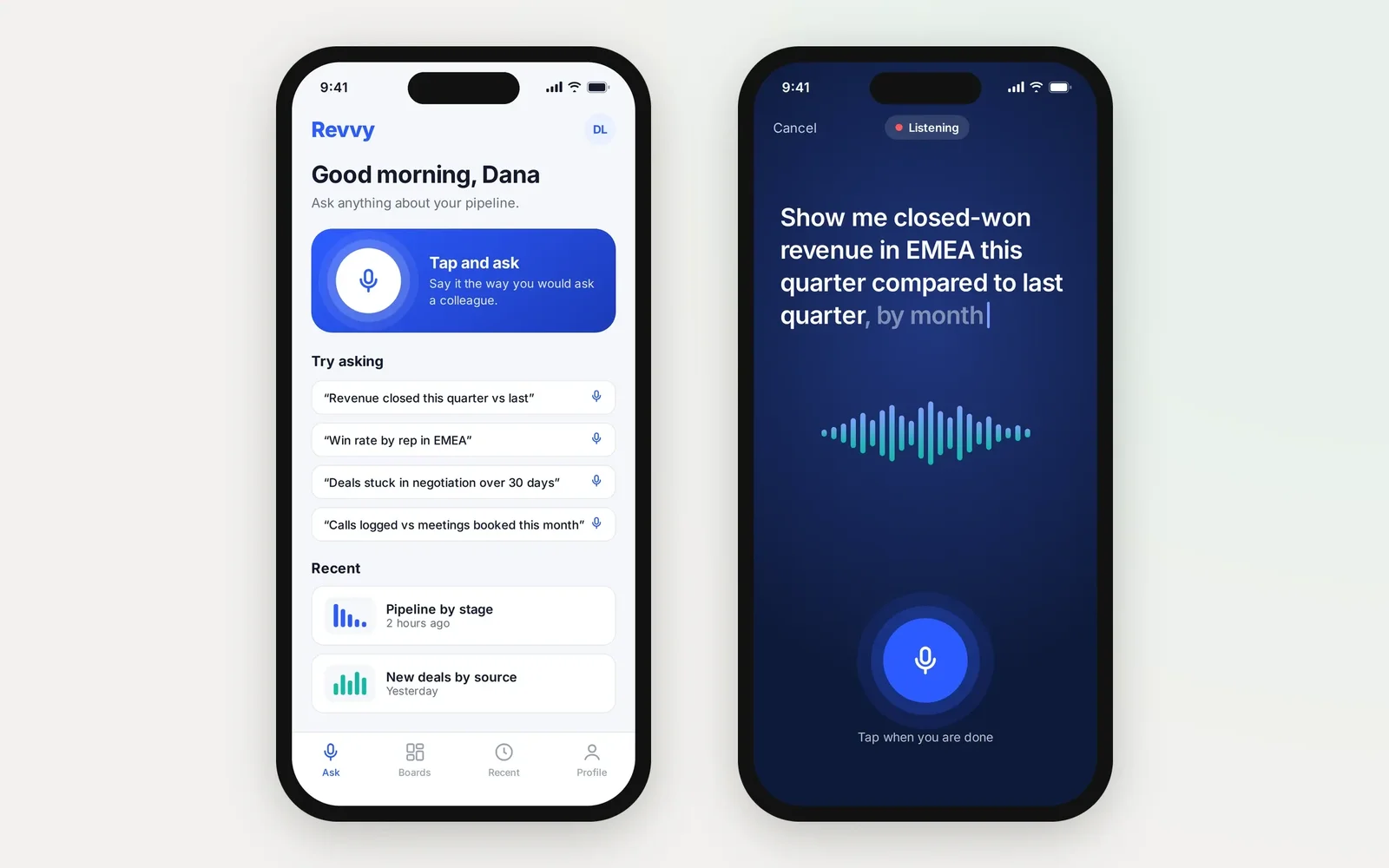 Recreated screens of the Revvy mobile app: the Ask screen with suggested questions and the listening screen with a live transcript