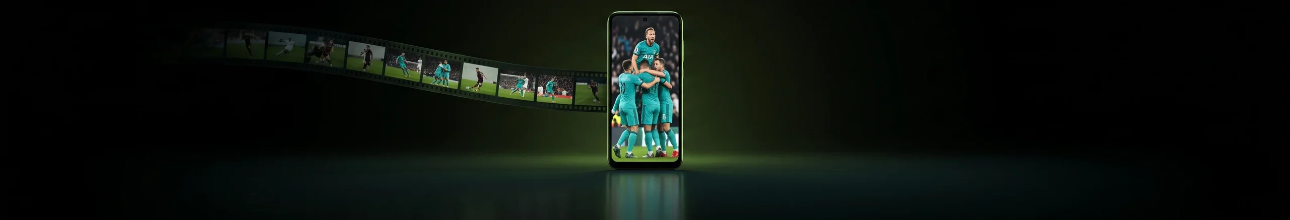 A smartphone showing a vertical football highlight clip, with a strip of video frames curving behind it