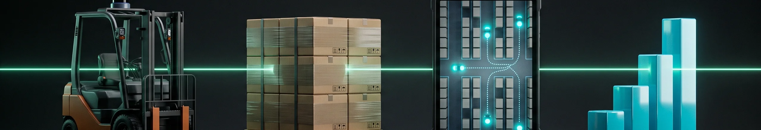An autonomous forklift, a block of stacked pallets, a tablet with a live warehouse map and a cyan bar chart on a dark background, joined by a mint green line