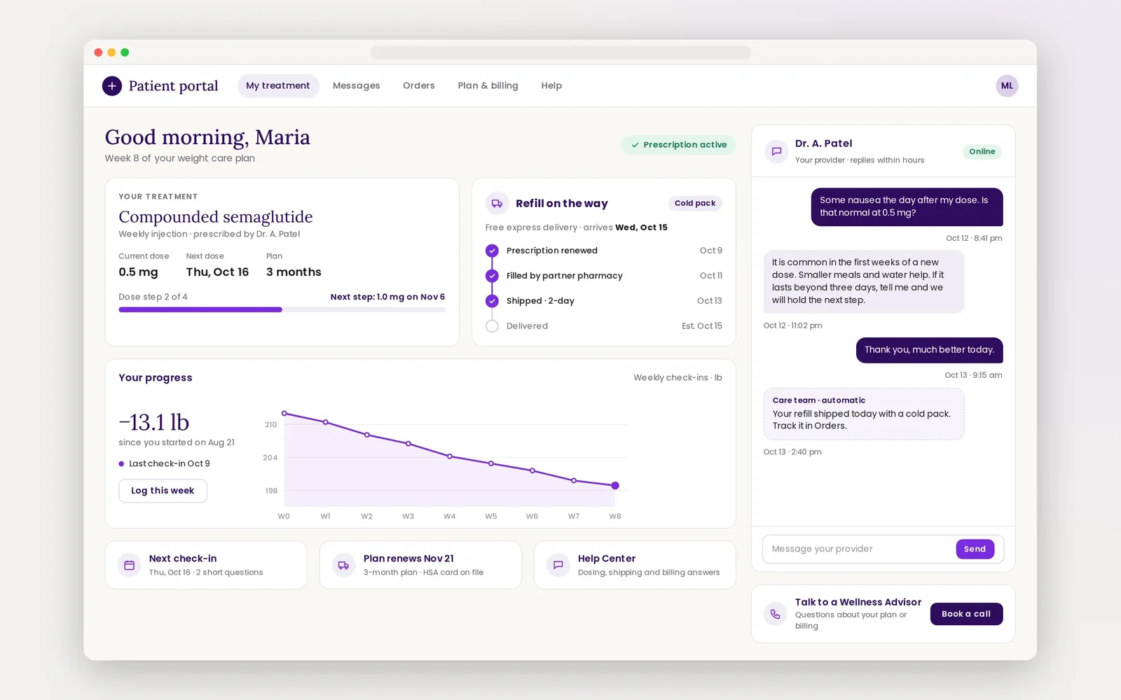 Recreated patient portal of the telehealth platform: current treatment and dose step, refill shipment tracking, weight progress and messages with the provider, demo data