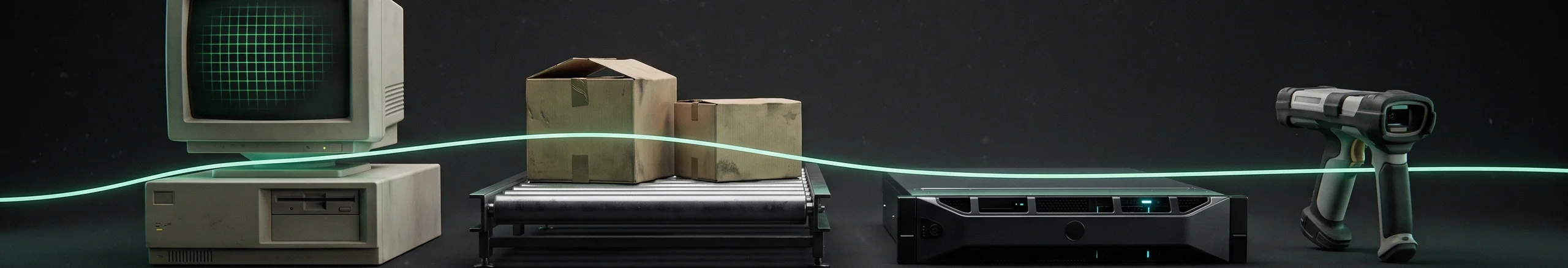 Tall warehouse racking with pallets at night and a handheld scanner beam in mint